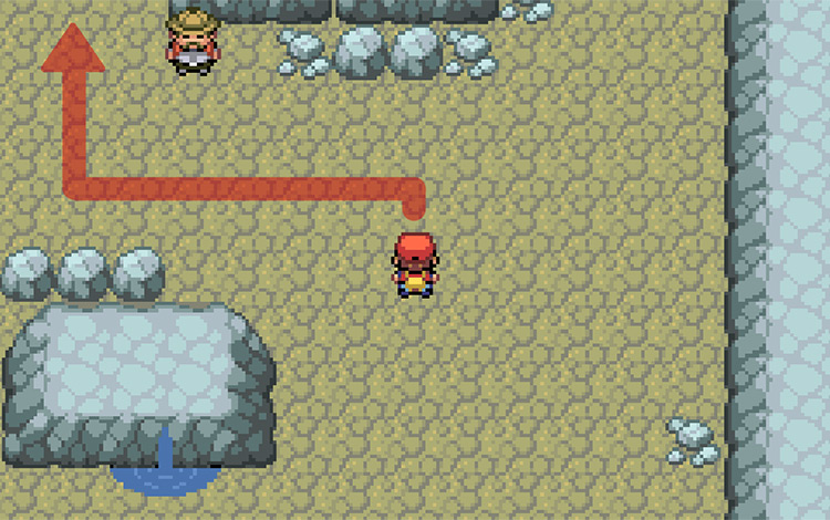 Walk past the hiker to find the ladder (You can also go around the right side, but this way is faster.) / Pokémon FireRed and LeafGreen