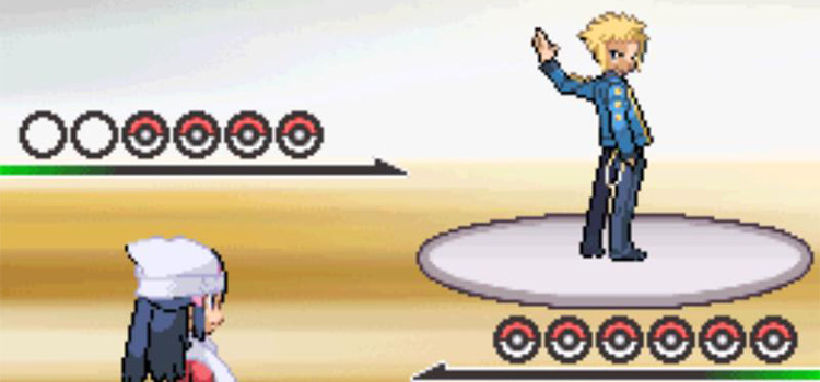 Battling Volkner at the Sunyshore Gym in Pokémon Platinum