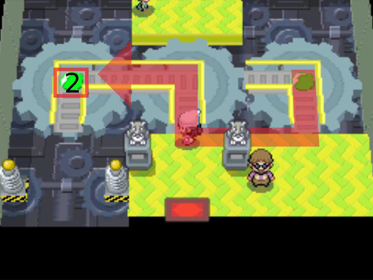 Stepping once on Switch 1 and heading for Switch 2. / Pokémon Platinum
