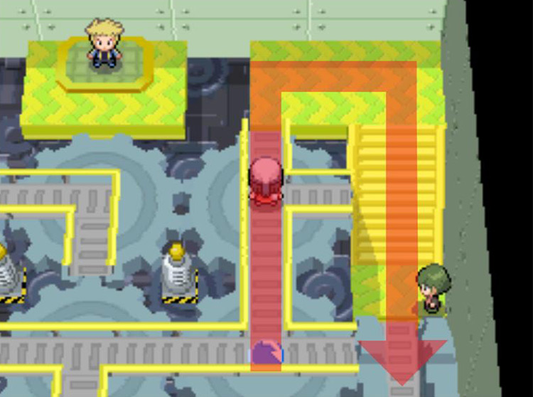 Circling around to the eastern staircase and crossing the bridge. / Pokémon Platinum