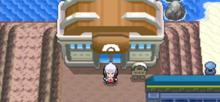 Standing outside of the Sunyshore Gym in Pokémon Platinum