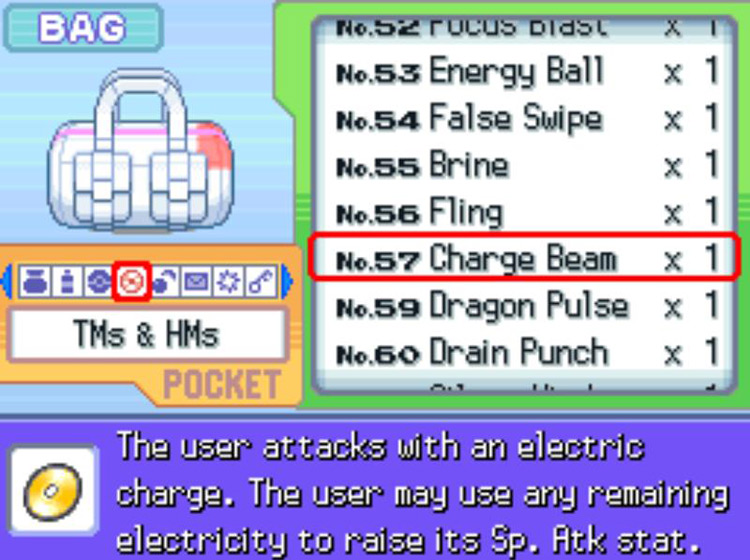 In-game description of TM57 Charge Beam / Pokémon Platinum