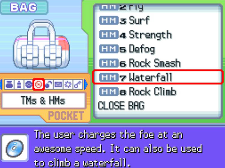 In-game description of HM07 Waterfall / Pokémon Platinum