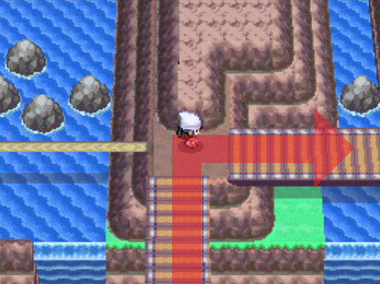 Turning right to walk across the next bridge / Pokémon Platinum