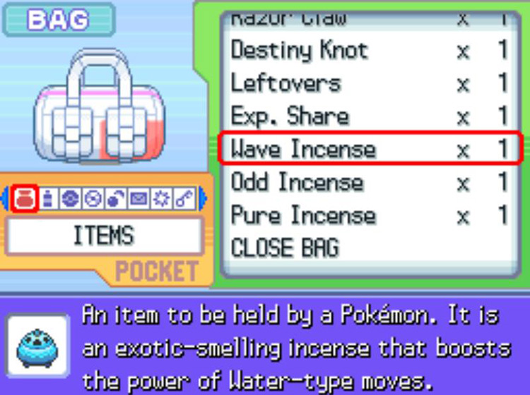 In-game description of the Wave Incense / Pokémon Platinum