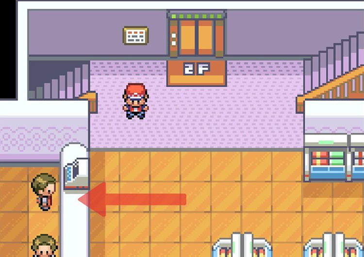 Speak to the cashier closest to the stairs. / Pokemon FRLG