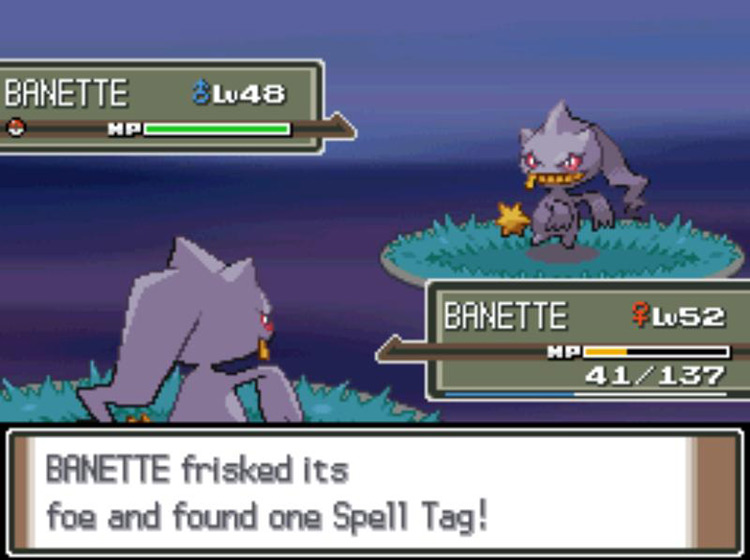 Identifying the wild Banette’s item using the Frisk Ability. / Pokémon Platinum
