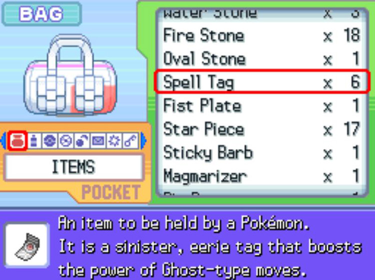In-game description of the Spell Tag. / Pokémon Platinum