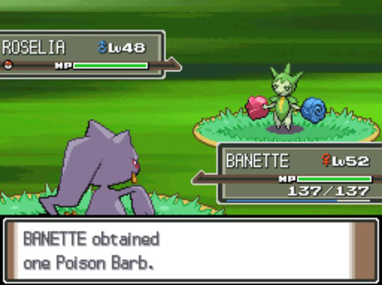 Acquiring a Poison Barb from a wild Roselia. / Pokémon Platinum