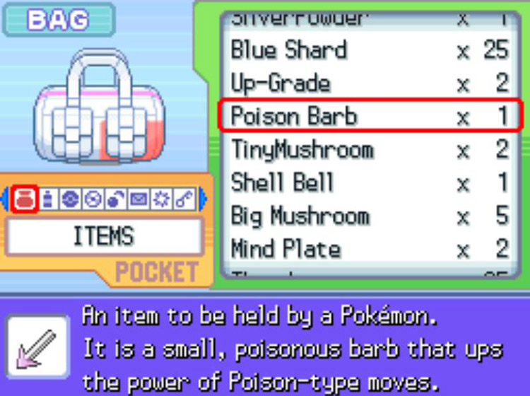 The in-game description of the Poison Barb. / Pokémon Platinum