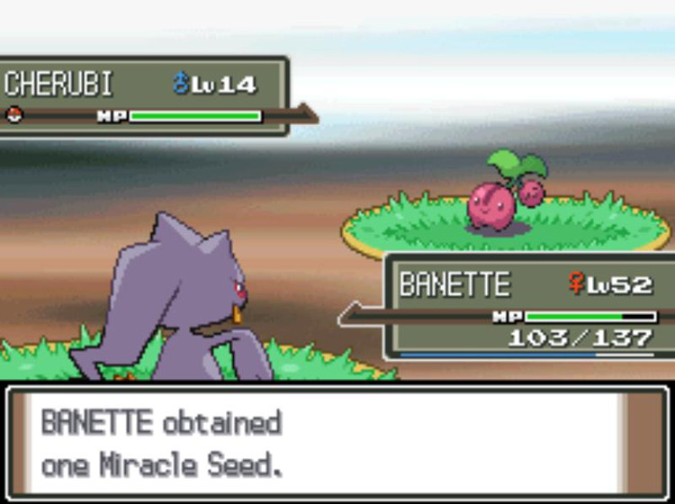 Stealing a Miracle Seed from a wild Cherubi using Trick. / Pokémon Platinum