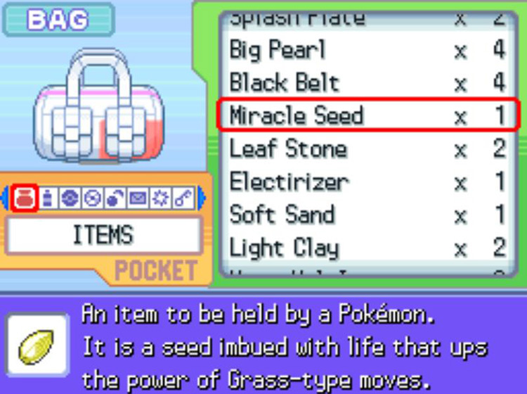 The in-game description of the Miracle Seed. / Pokémon Platinum
