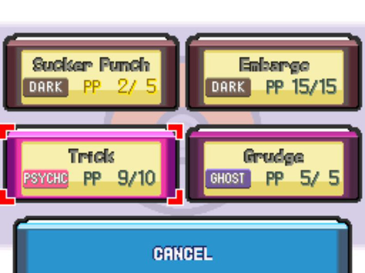 Using Trick on a Snover to steal its item. / Pokémon Platinum