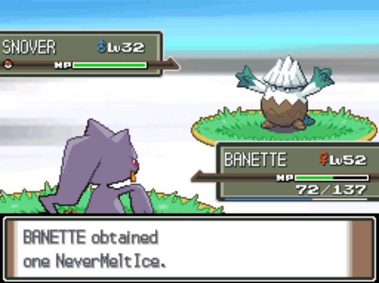 Acquiring a NeverMeltIce from a wild Snover. / Pokémon Platinum