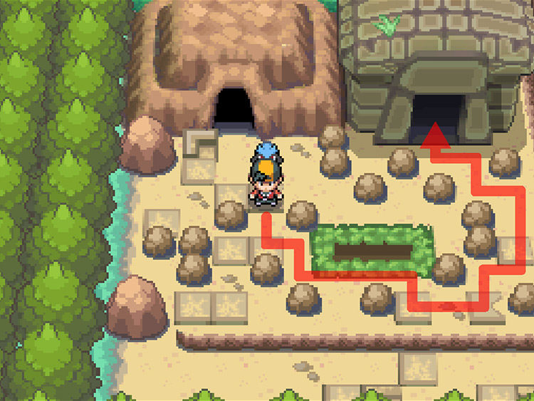 The outskirts of the second puzzle chamber, with arrows leading to the entrance / Pokémon HGSS