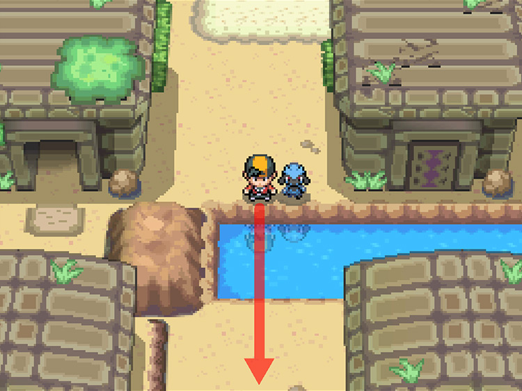 The lake in the Ruins of Alph, with directional arrows / Pokémon HGSS
