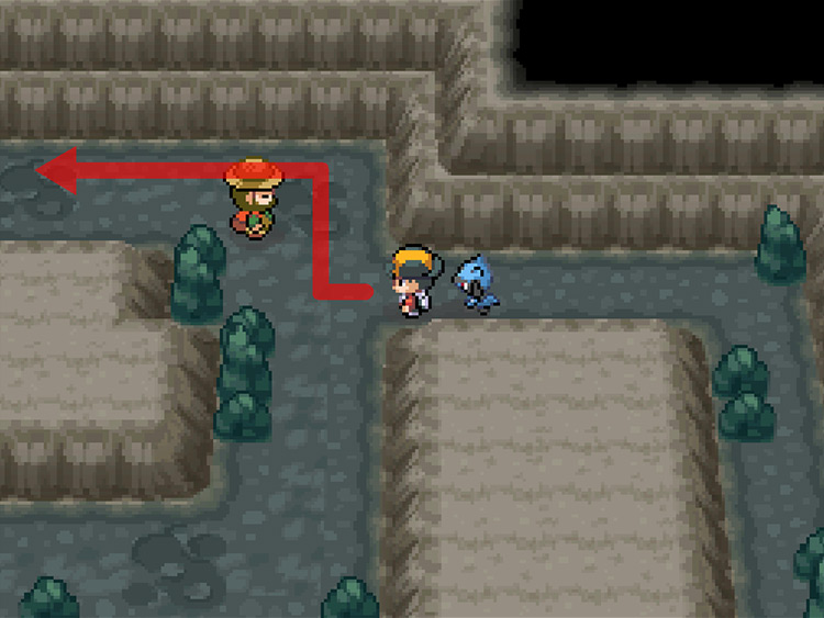 The fork at B1 of Union Cave, with directional arrows leading to the upper path / Pokémon HGSS