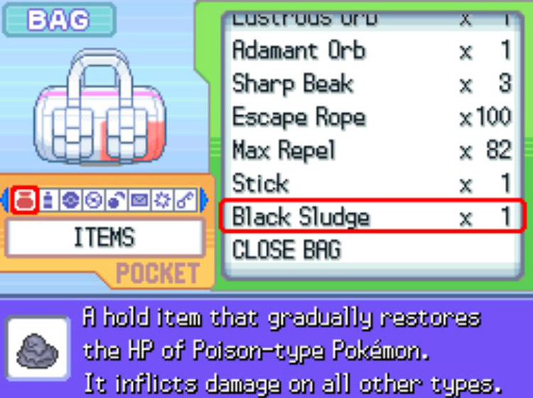 The in-game description of the Black Sludge. / Pokémon Platinum