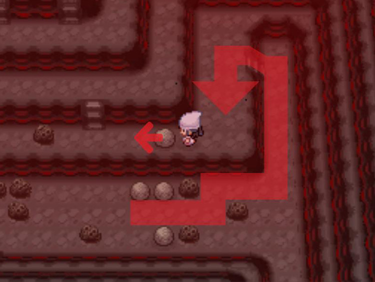 Climbing the stairs and pushing the next boulder. / Pokémon Platinum
