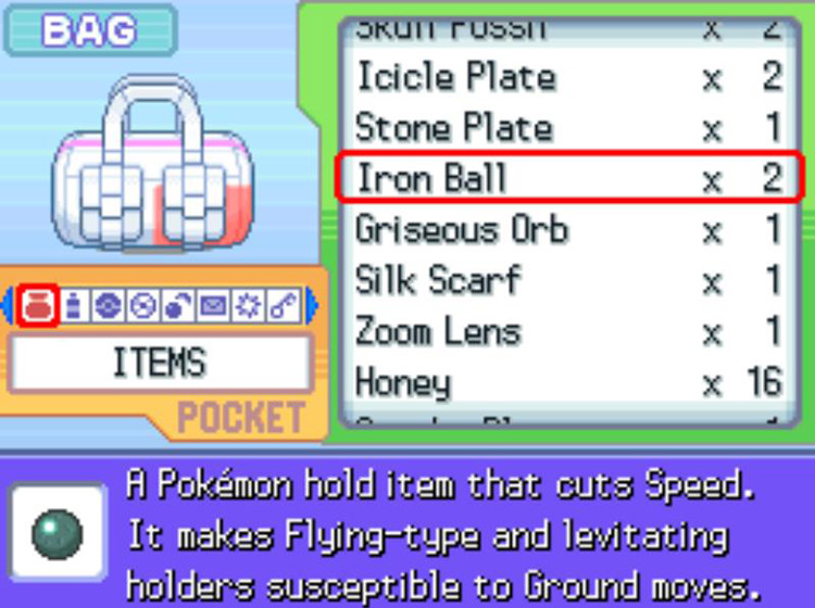 In-game description of the Iron Ball. / Pokémon Platinum