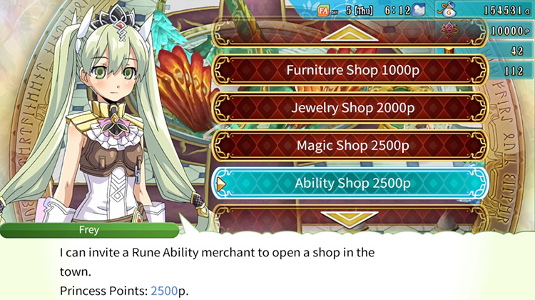 The option to open up an Ability Shop in town / Rune Factory 4