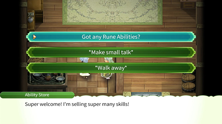 An option to browse through the abilities being sold at the Ability Store / Rune Factory 4
