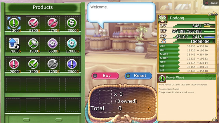 The inventory of the Ability Store merchant / Rune Factory 4