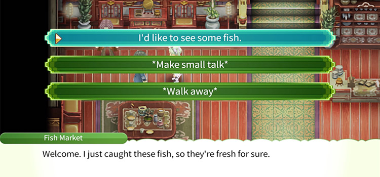 The Fish Market Merchant's dialogue menu in RF4 Special