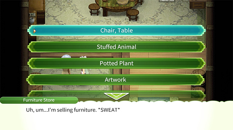The different categories of furniture being sold at the Furniture Store / Rune Factory 4