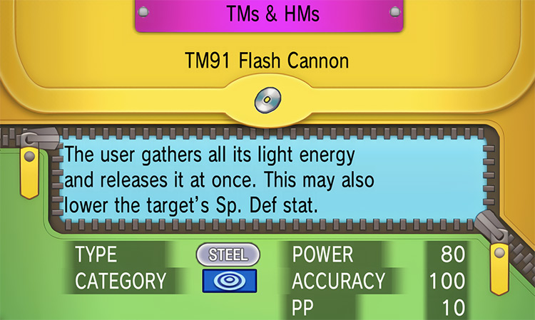 In-game details for TM91 Flash Cannon / Pokemon ORAS