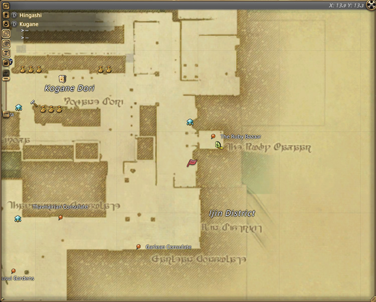 The East Aldenard Trading Company Associate’s map location in Kugane / Final Fantasy XIV
