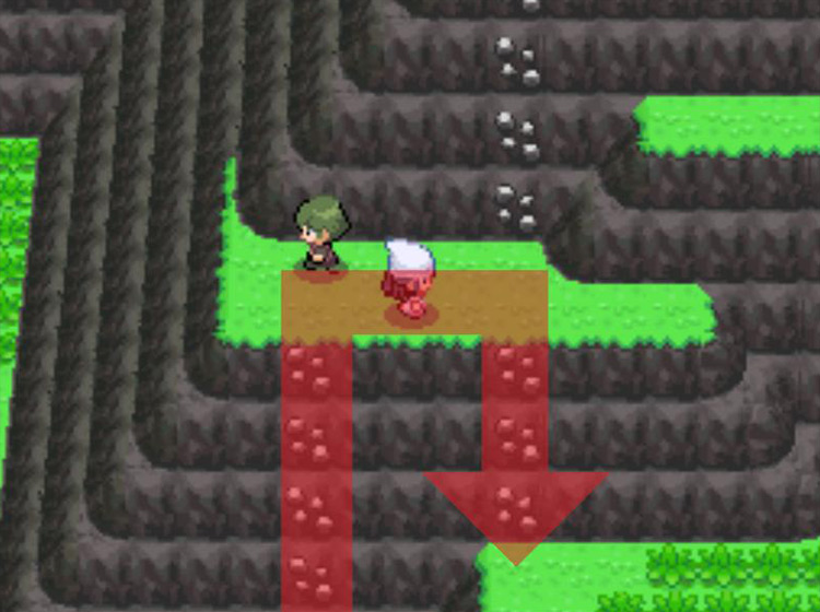 Climbing down the next rocky wall. / Pokémon Platinum
