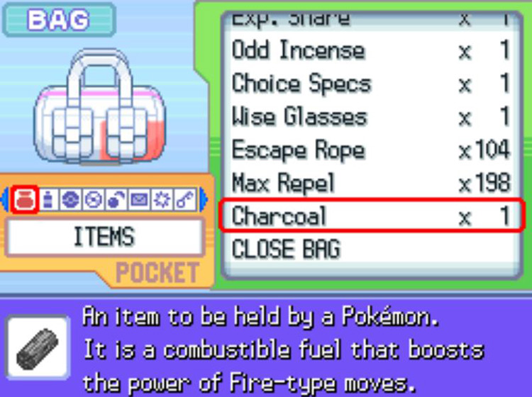 In-game description of the Charcoal. / Pokémon Platinum