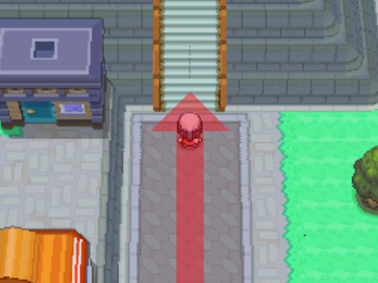 Climbing the long staircase leading to Galactic Headquarters. / Pokémon Platinum