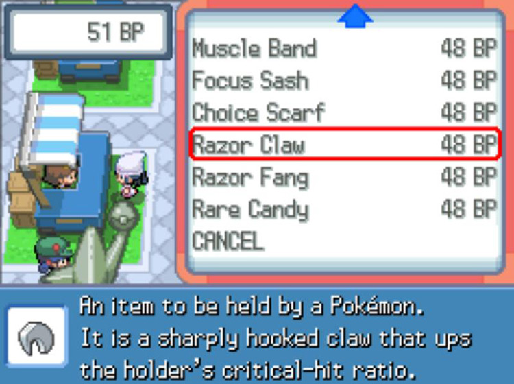 The Battle Frontier’s listing of the Razor Claw. / Pokémon Platinum