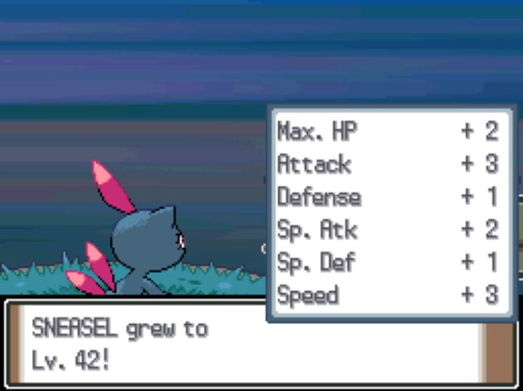 Sneasel gaining a level while holding the Razor Claw. / Pokémon Platinum