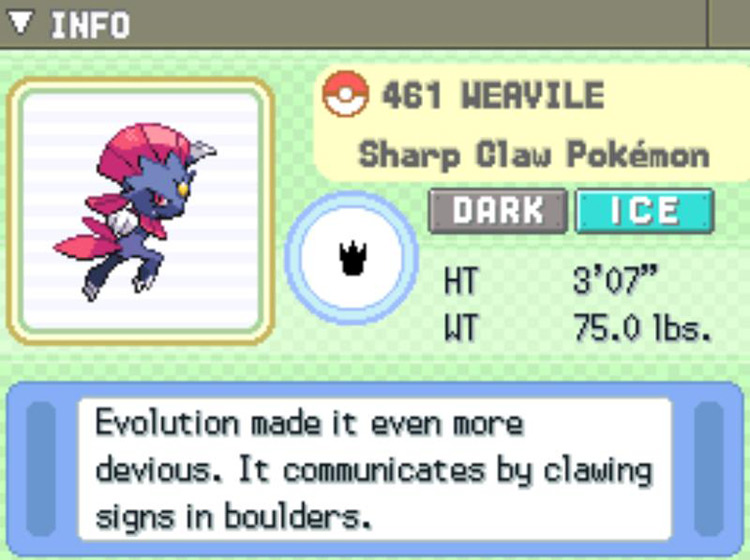 Weavile’s Pokédex entry. / Pokémon Platinum
