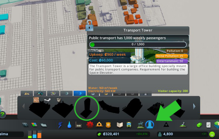 You can hover over the Transport Tower in the build menu to see how close you are to the target. / Cities: Skylines