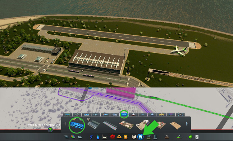 Placing an airport from the Air Transport tab of the Transport menu. / Cities: Skylines