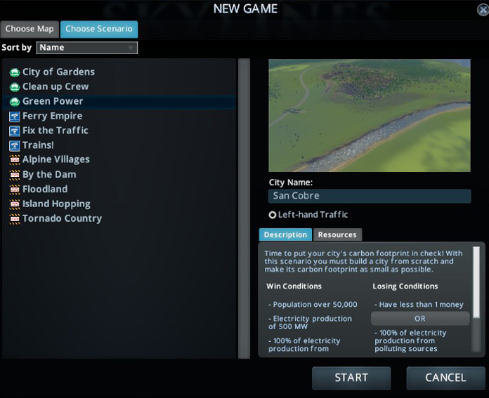 You can select the scenario you want to play from the New Game screen / Cities: Skylines