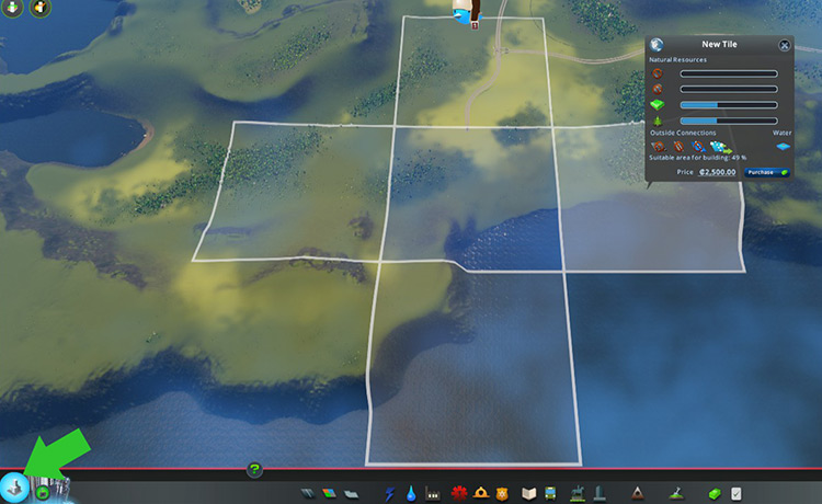 The Areas panel where you can purchase new tiles / Cities: Skylines