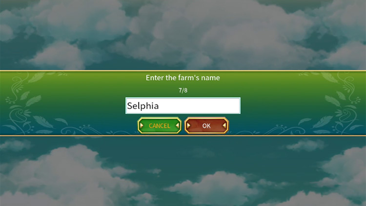 The screen for naming your farm / Rune Factory 4