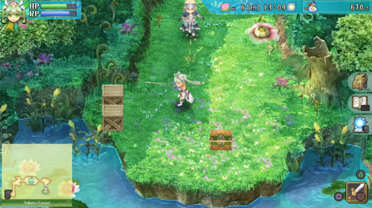 An area with two crates and a treasure chest containing Leather Boots / Rune Factory 4