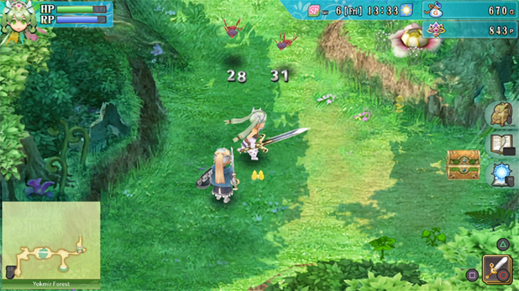 An area of Yokmir Forest with Ants and a treasure chest / Rune Factory 4