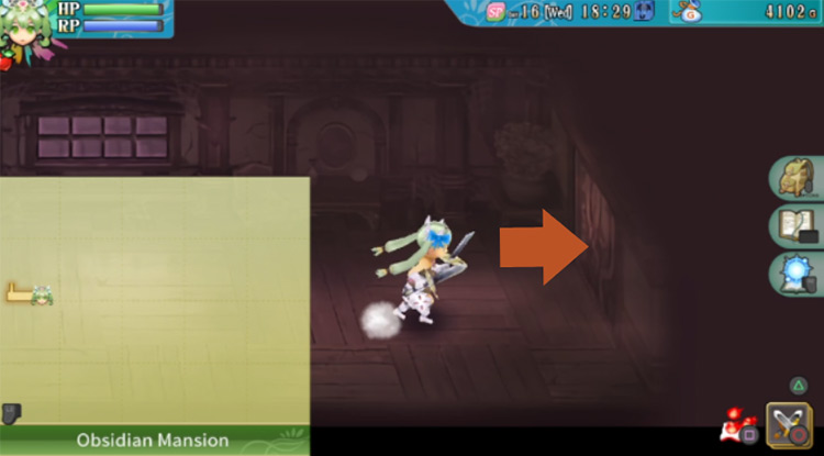 The east end of a hallway in the Obsidian Mansion / Rune Factory 4