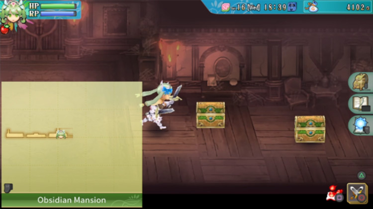 A real chest next to a Monster Box in the Obsidian Mansion / Rune Factory 4