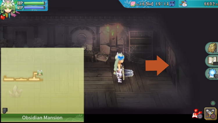 A door at the east end of a hallway in the Obsidian Mansion / Rune Factory 4