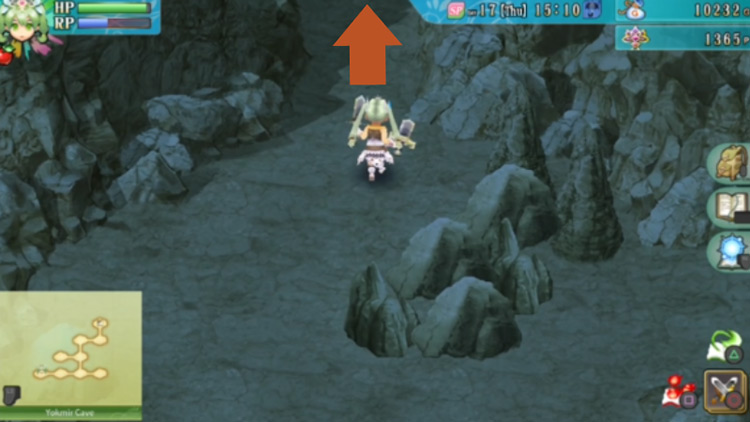 A path heading north, previously blocked by a barrier in Yokmir Cave / Rune Factory 4