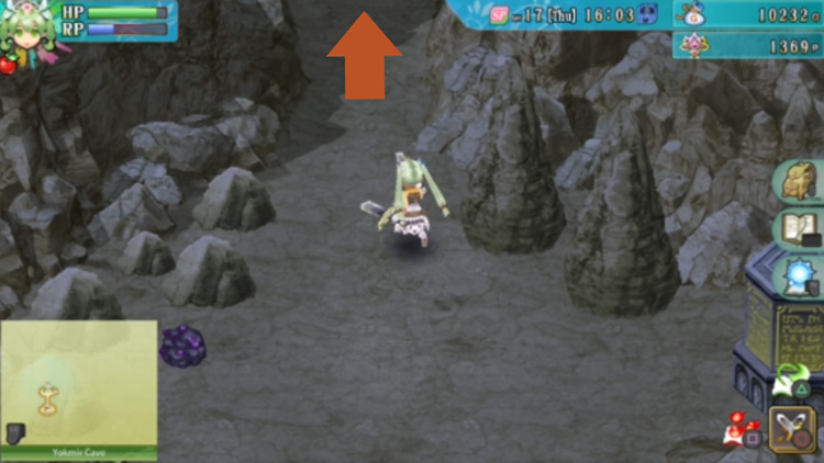 An area in Yokmir Cave with a yellow pillar blocking the path heading east / Rune Factory 4