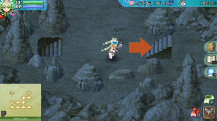 An area with two sets of stairs in Yokmir Cave / Rune Factory 4